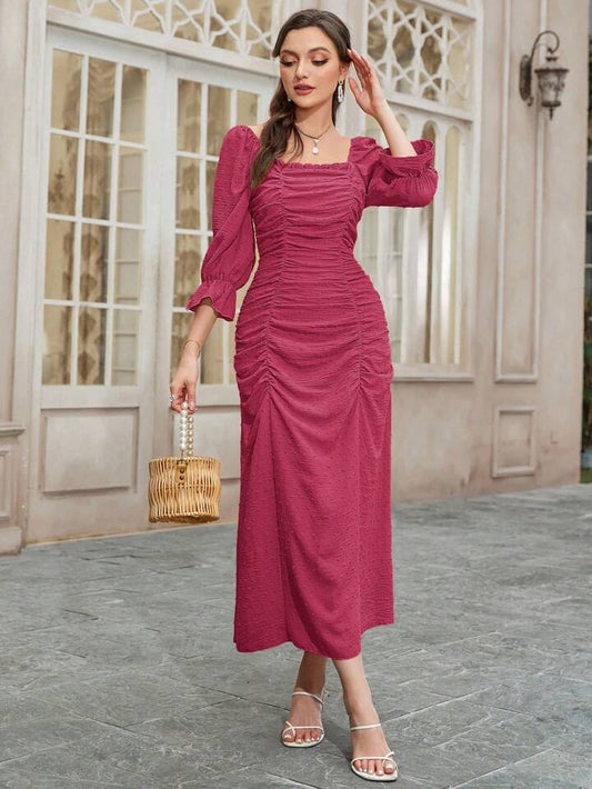 CM-DS889143 Women Elegant Seoul Style Square Neck Pleated Frill Sleeve Skater Dress