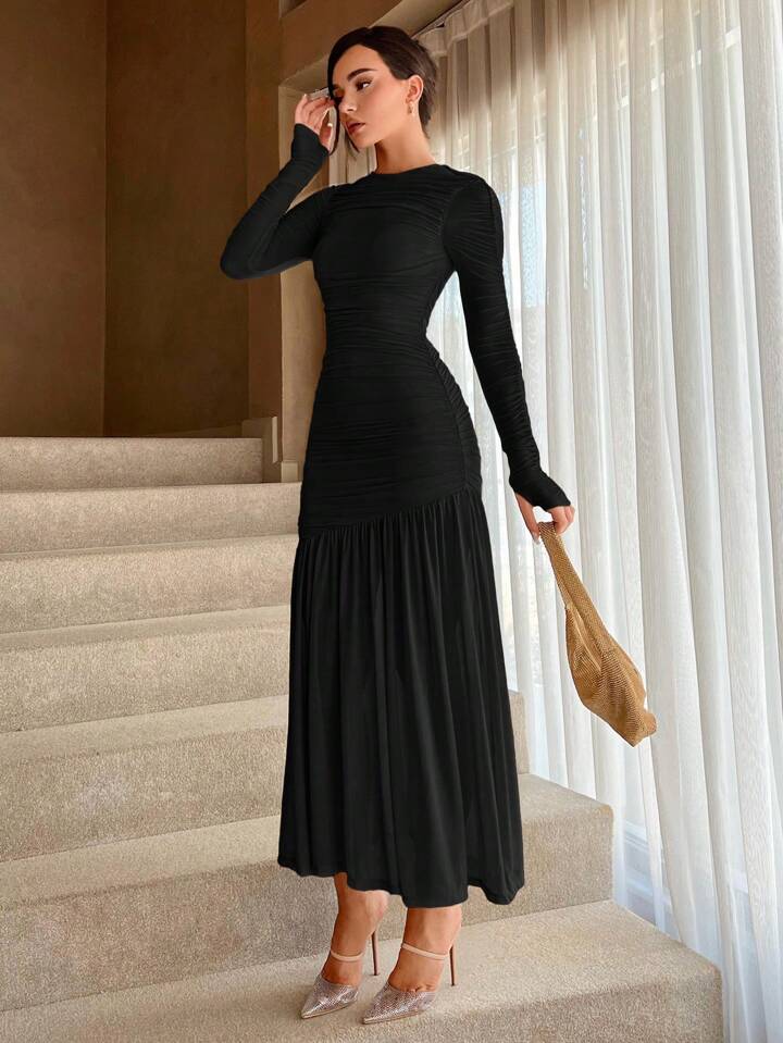 CM-DS443777 Women Elegant Seoul Style Round Neck Solid Ruched Ruffle Hem Dress - Black