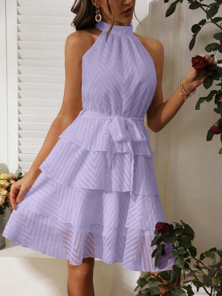 CM-DS415034 Women Casual Seoul Style Off Shoulder Multi-Layer Hem Dress - Purple