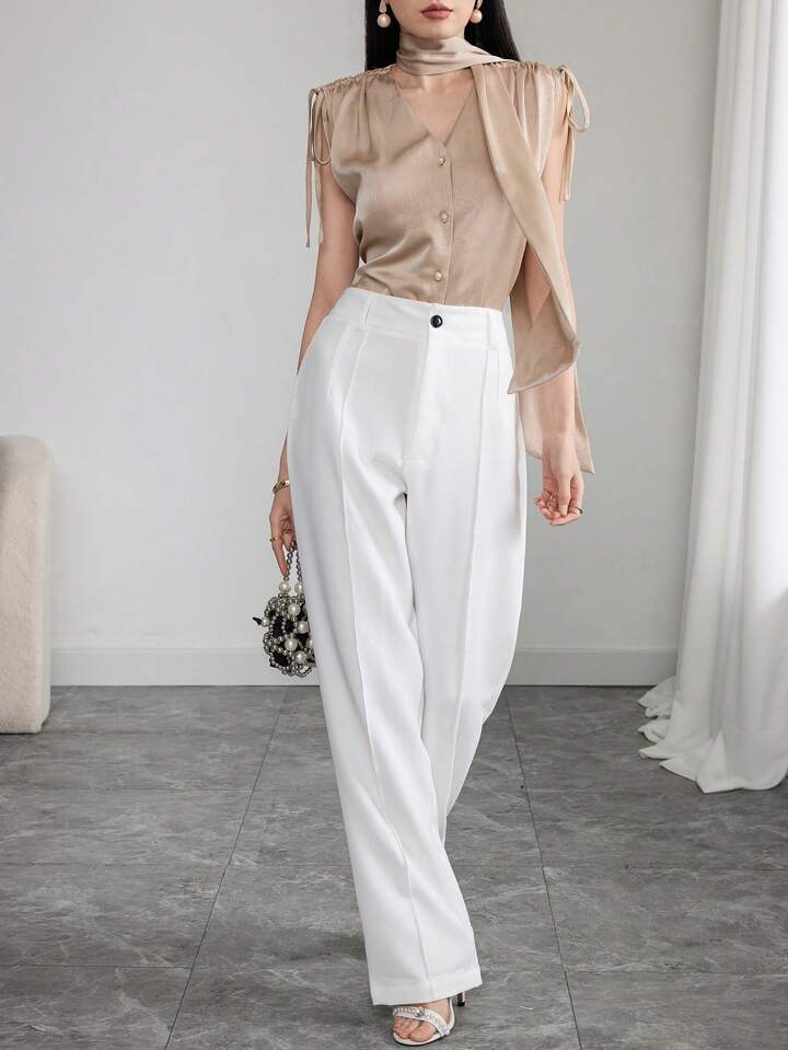 CM-TS690870 Women Elegant Seoul Style Solid Color Ruched Shoulder Tie Front Short Sleeve Blouse