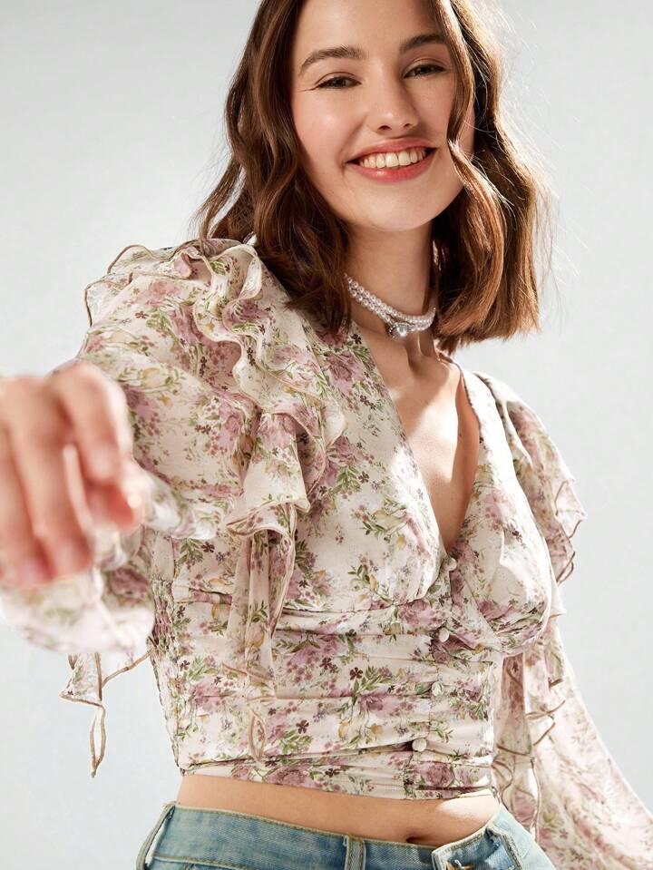 CM-TS226445 Women Casual Seoul Style Floral Print Deep V-Neck Ruffle Trim Long Sleeve Shirt