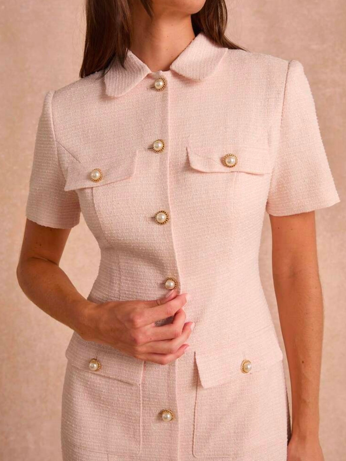 CM-DS834794 Women Elegant Seoul Style Collar Neckline Short Sleeve Tweed Fitted Long Dress - Pink