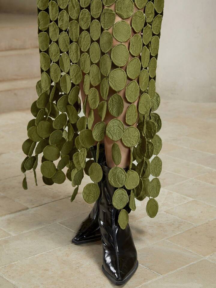 CM-BS505600 Women Trendy Bohemian Style Laser Cut Multi Circle Double Layered Maxi Skirt - Olive Green