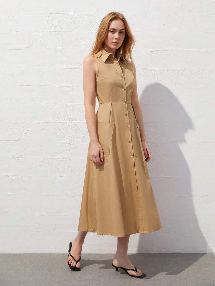 CM-DS774215 Women Casual Seoul Style Collar Neckline Sleeveless Shirt Dress - Khaki