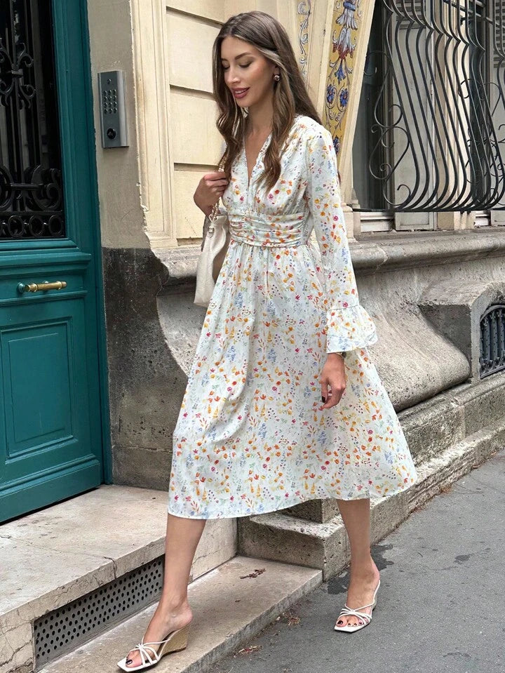 CM-DS933020 Women Casual Seoul Style V-Neck Ditsy Floral Long Sleeve Wrap Waist Dress