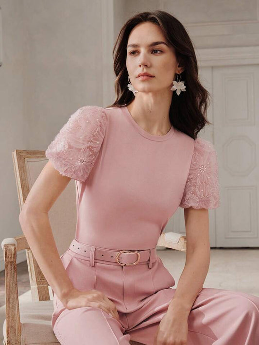 CM-TS064670 Women Elegant Seoul Style Round Neck Puff Sleeve Knit Patchwork Pearl Floral T-Shirt - Pink