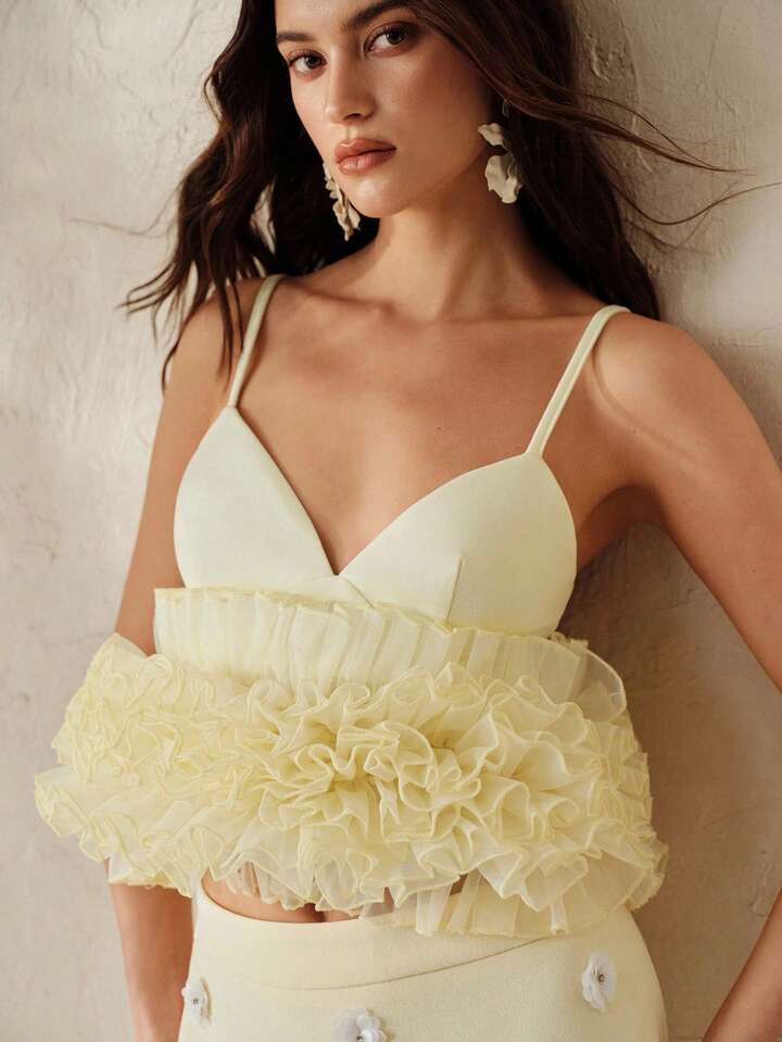 CM-TS564794 Women Elegant Seoul Style Solid Color Knit Patchwork Multi-Layer Ruffle Organza Camisole Top - Light Yellow