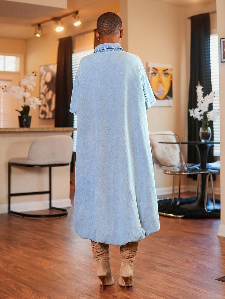 CM-DS896750 Women Casual Seoul Style Collar Neckline Short Sleeve Asymmetrical Denim Dress - Blue