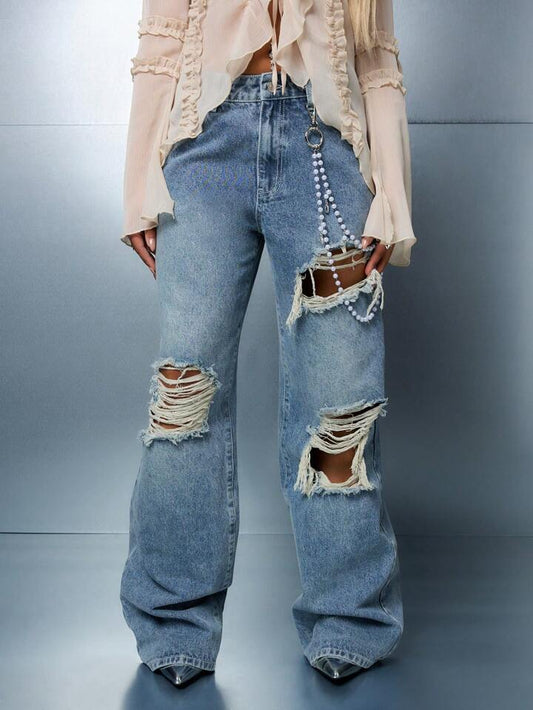 CM-BS963933 Women Casual Seoul Style Distressed Wide Leg Baggy Denim Jeans - Blue