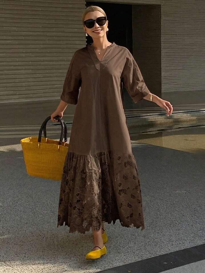CM-DS494983 Women Trendy Bohemian Style Lace Patchwork Stand Collar 3/4 Sleeve Long Shirt Dress - Coffee Brown