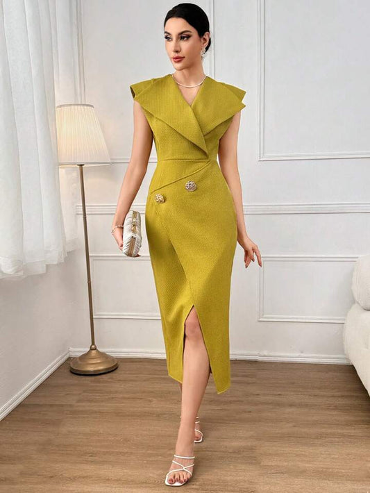 CM-DS491522 Women Elegant Seoul Style Solid Color V-Neck Cap Sleeve Slim Fit Long Dress - Mustard Yellow