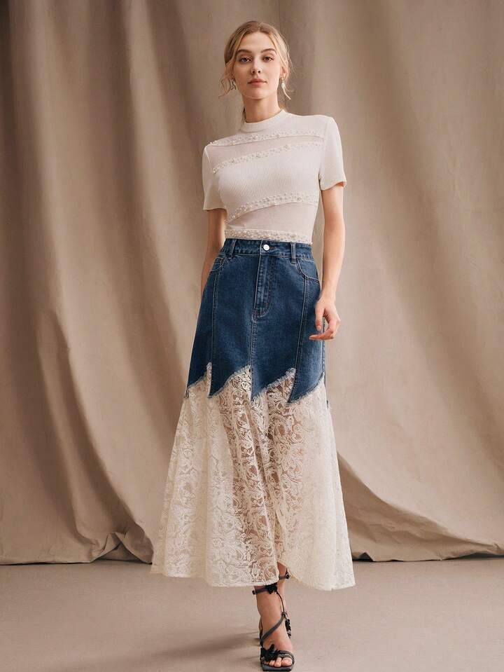 CM-BS740722 Women Casual Seoul Style Mid Waist Glitter Lace Mermaid Maxi Denim Skirt - Blue