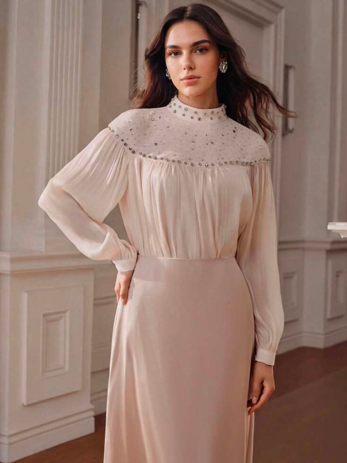CM-TS800028 Women Elegant Seoul Style Rhinestone Embellished Mesh Patchwork Long Sleeve Glossy Loose Fit Top - Apricot