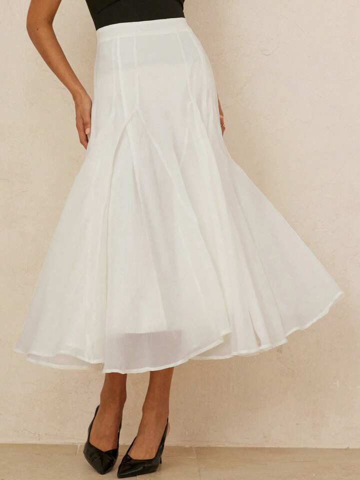 CM-BS947446 Women Elegant Seoul Style Mid Waist Pleated Oversized Hem Design Skirt - White