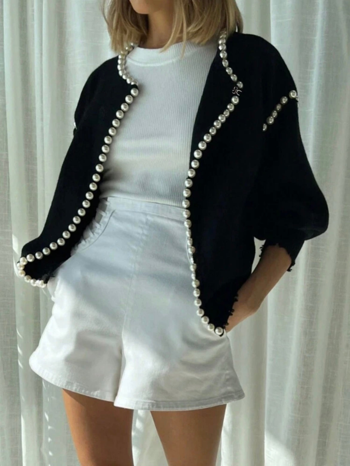 CM-CS696698 Women Casual Seoul Style Pearl Trim Distressed Hem Long Sleeve Knit Sweater - Black