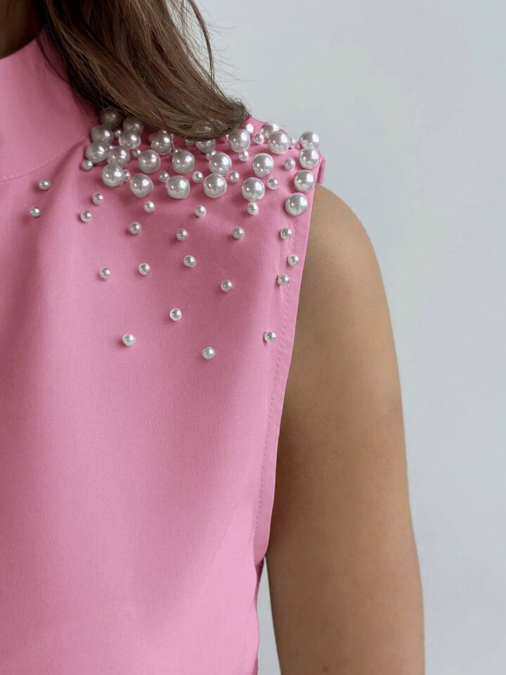 CM-TS810419 Women Casual Seoul Style Sleeveless Beaded Stand Collar Padded Shoulder Shirt