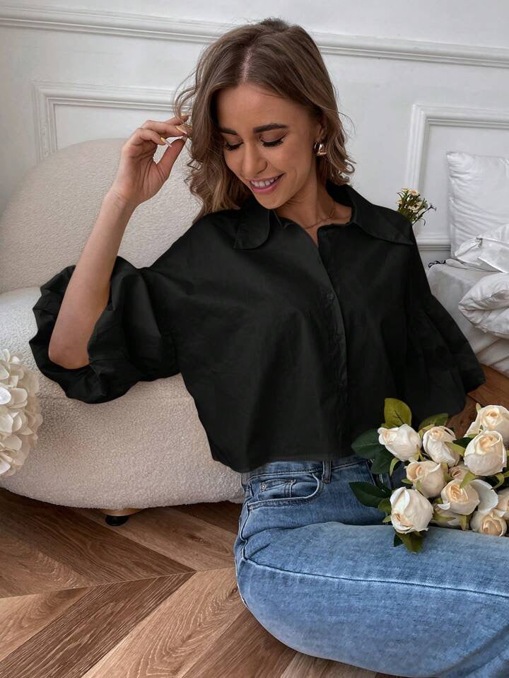 CM-TS805588 Women Casual Seoul Style Drop Bishop Sleeve Single Breasted Blouse - Black