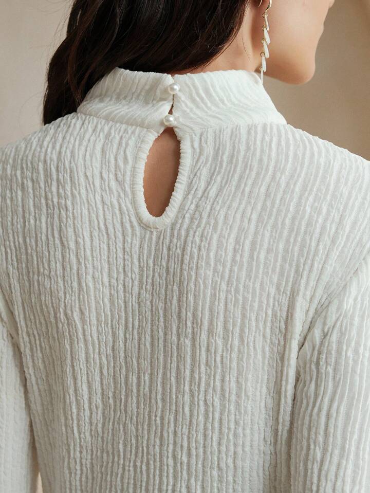 CM-TS766636 Women Elegant Seoul Style Solid Color Turtleneck Long Sleeve Rib-Knit Top - White
