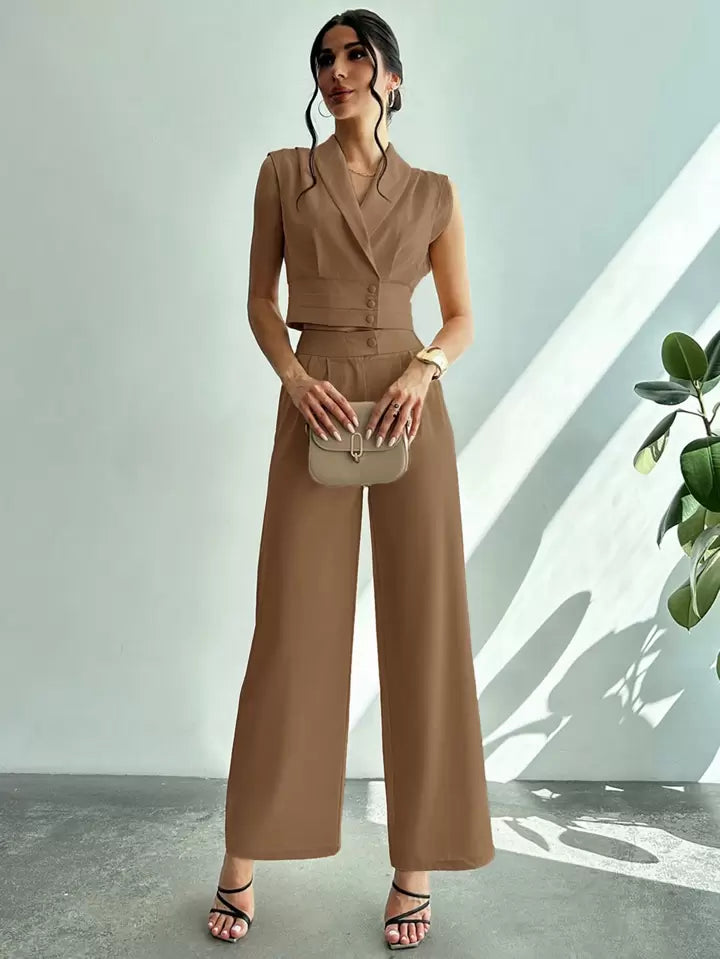 CM-SS414741 Women Elegant Seoul Style Collared Fitted Cap Sleeve Shirt With Straight-Leg Pants Suit - Camel
