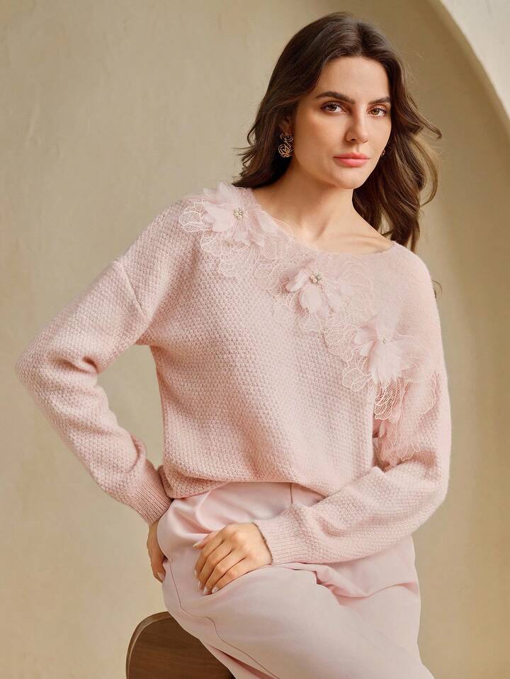 CM-CS688184 Women Elegant Seoul Style Round Neck Hollow-Out 3D Floral Long Sleeve Oversized Sweater - Pink