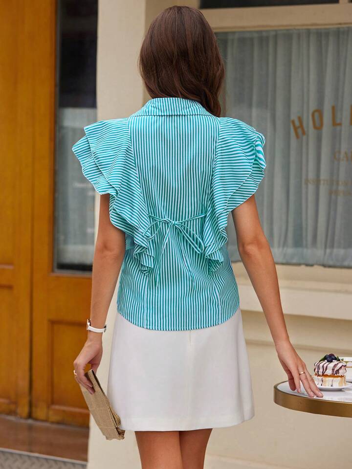 CM-TS797779 Women Casual Seoul Style Striped Layered Short Flutter Sleeve Ruffle Trim Blouse