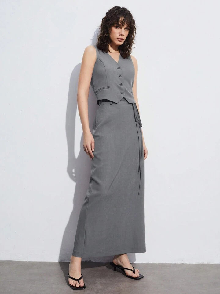 CM-SS116177 Women Elegant Seoul Style V-Neck Single-Breasted Suit Vest With Skirt Suit - Light Gray