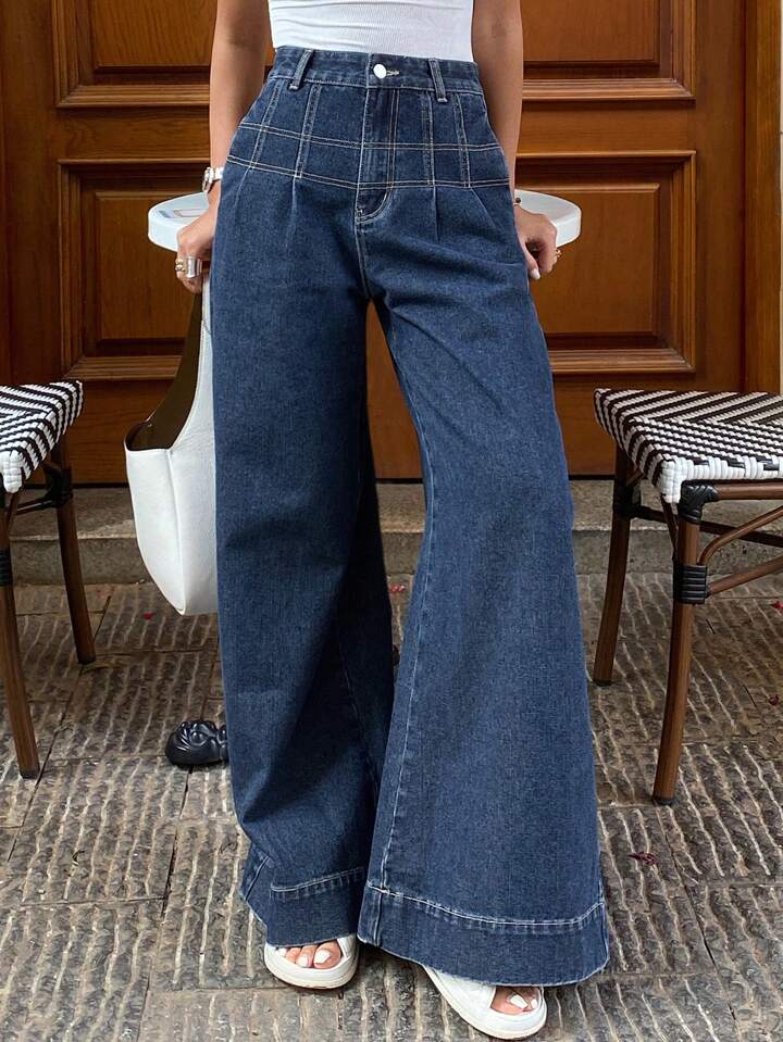 CM-BS285981 Women Casual Seoul Style Dark Wash Loose Wide Leg Denim Jeans