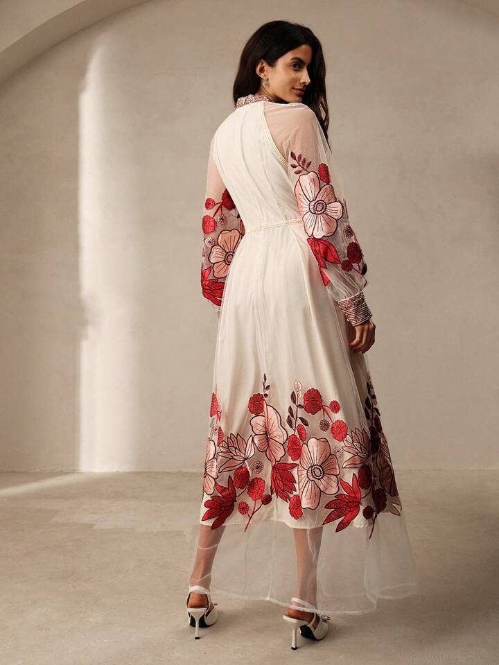 CM-DS065061 Women Trendy Bohemian Style Floral Embroidery Sequin Lace Border Maxi Dress