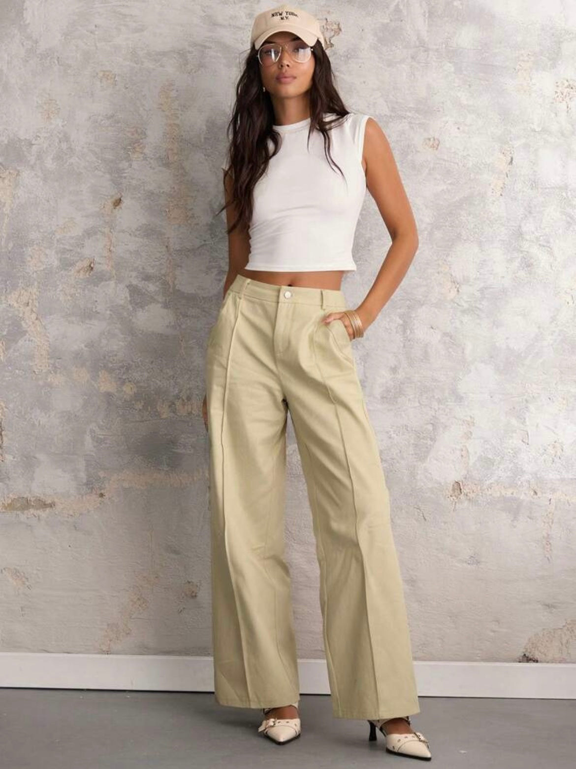 CM-BS760766 Women Casual Seoul Style Front Button Pocket Drop Waist Wide Leg Pants - Khaki