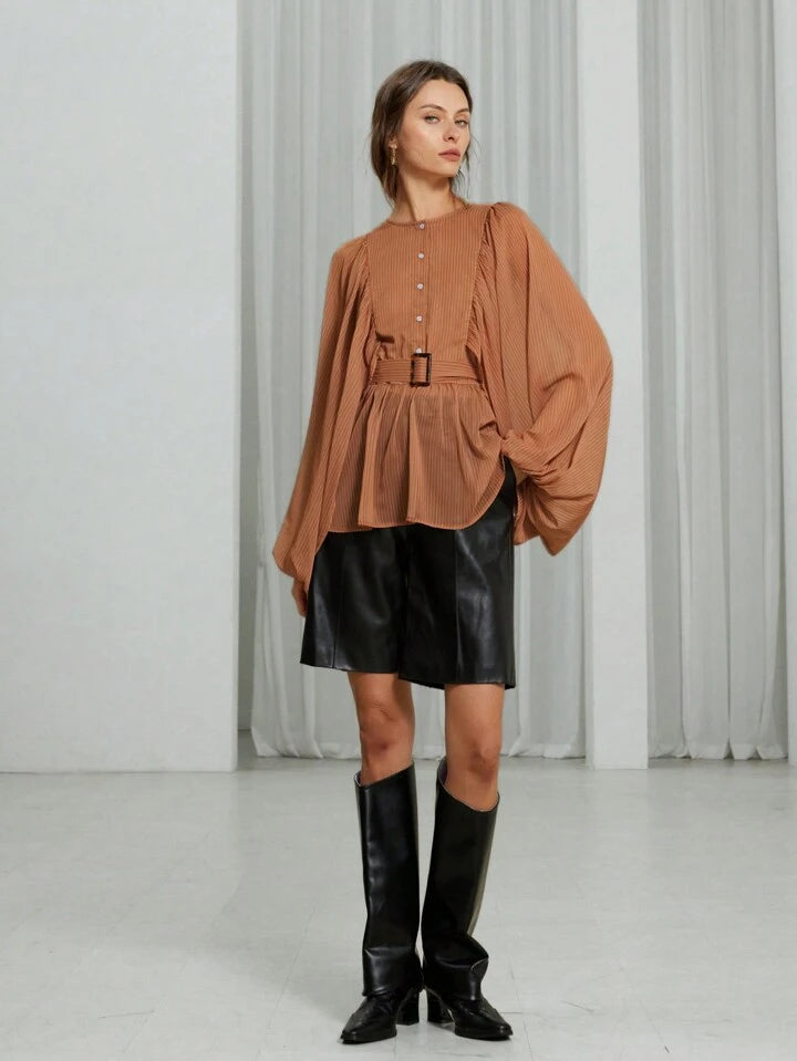 CM-TS827917 Women Elegant Seoul Style Striped Print Round Neck Sheer Belted Long Sleeve Blouse