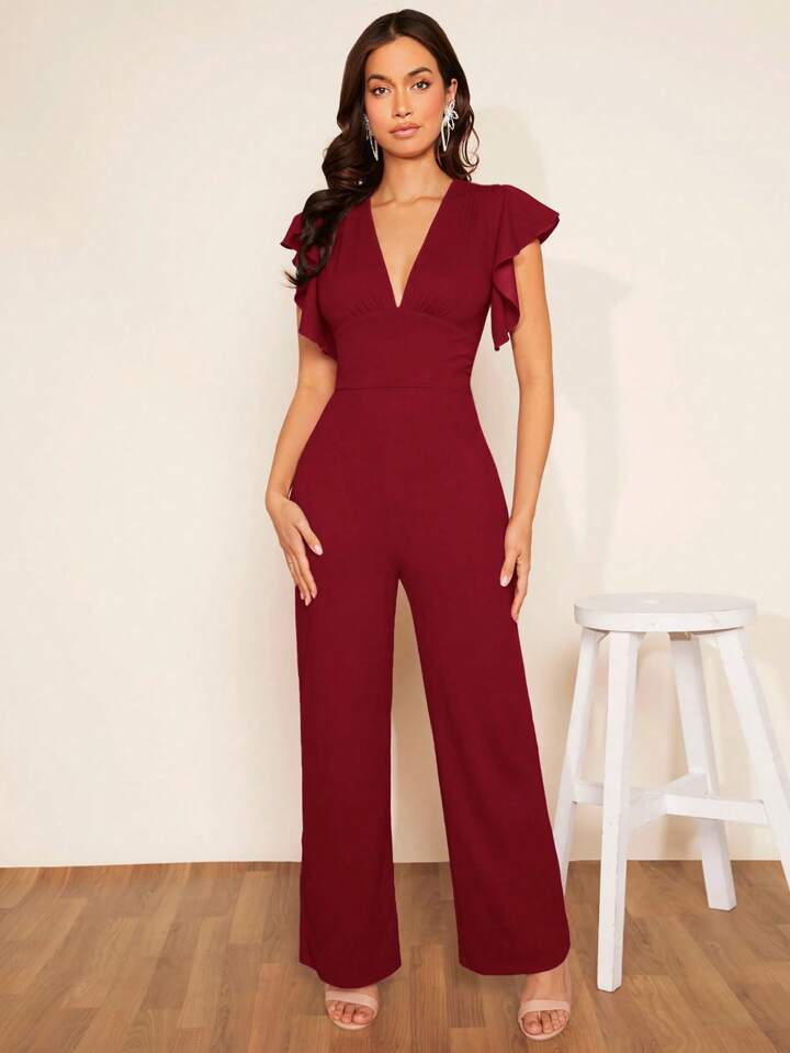 CM-JS151161 Women Elegant Seoul Style Plunging Neck Butterfly Sleeve Jumpsuit - Burgundy