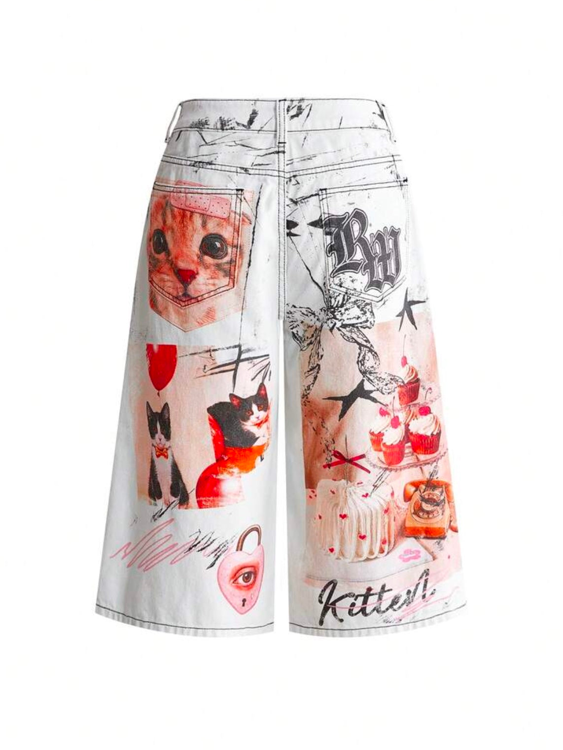 CM-BS858327 Women Casual Seoul Style Low Waist Fun Cat Print Denim Wide Leg Mid-Length Jeans