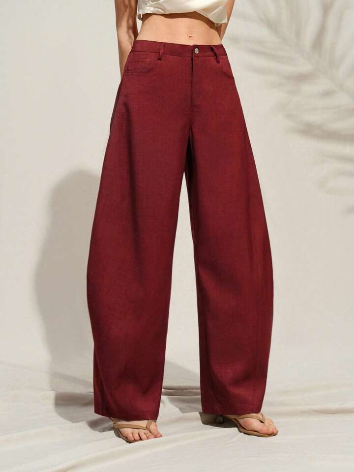 CM-BS980898 Women Casual Seoul Style Belted Flared Wide Leg Pants - Burgundy