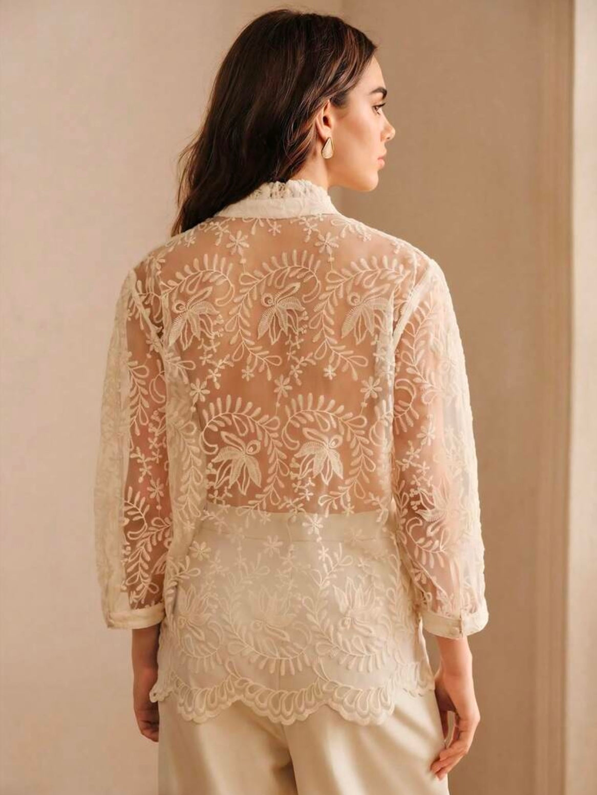 CM-TS392643 Women Elegant Seoul Style Hollow Stand Collar 3/4 Sleeve Embroidered Top - Apricot