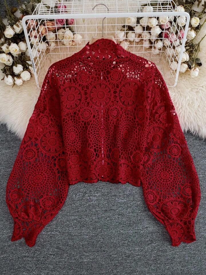 CM-TS677566 Women Casual Seoul Style Floral Lace Hollow Zipper Front Long Sleeve Blouse - Red