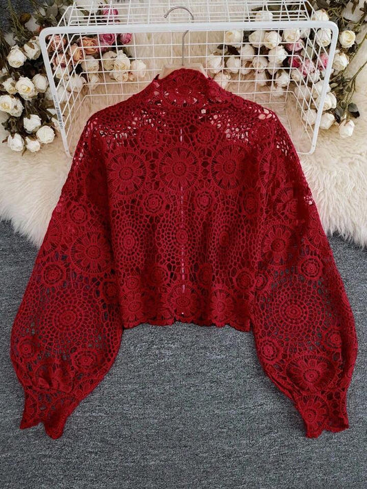 CM-TS677566 Women Casual Seoul Style Floral Lace Hollow Zipper Front Long Sleeve Blouse - Red