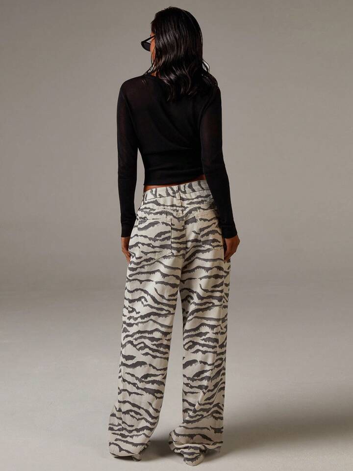 CM-BS140606 Women Casual Seoul Style Zebra Print High Waist Extra Long Wide Leg Jeans - Khaki