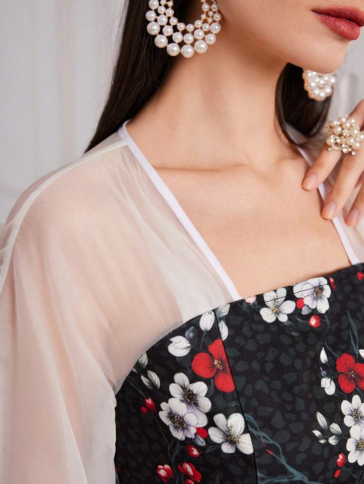 CM-DS562668 Women Elegant Seoul Style Floral Printed Mesh Patchwork Long Sleeve Dress