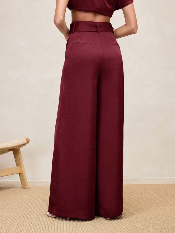 CM-BS089382 Women Casual Seoul Style High Waist Pleated Wide Leg Pants - Burgundy