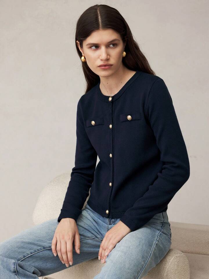 CM-CS353335 Women Casual Seoul Style Crew Neck Long Sleeve Cardigan Sweater - Navy Blue