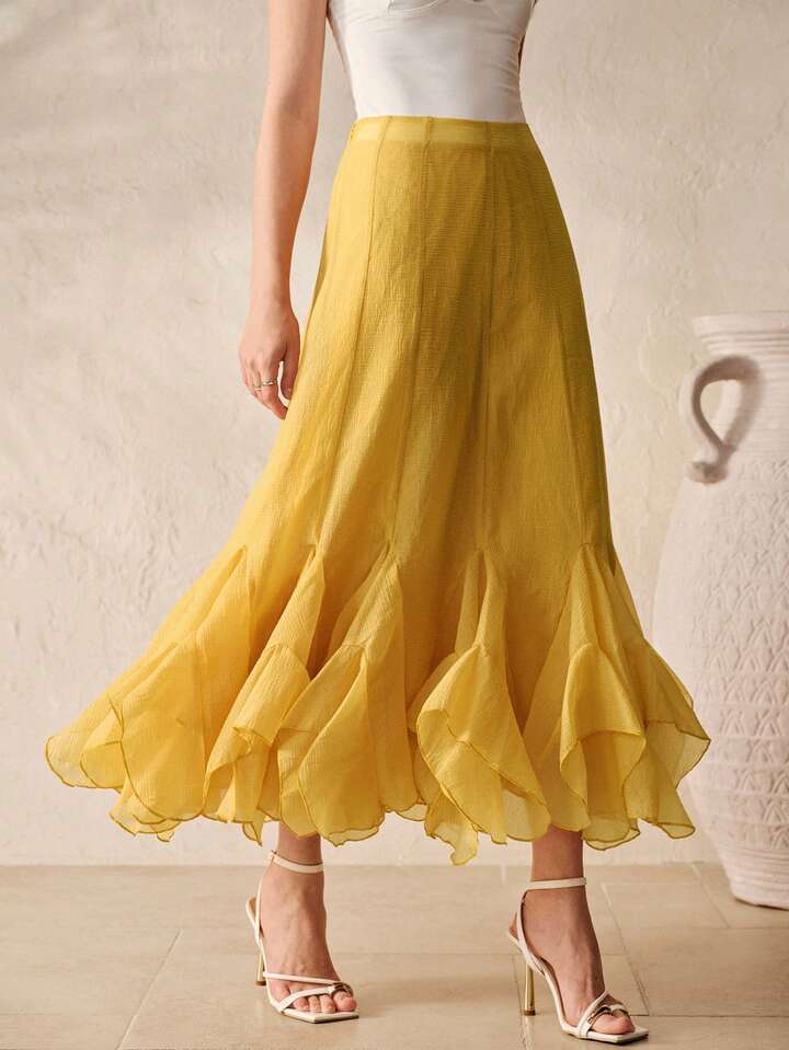 CM-BS938551 Women Elegant Seoul Style Mid Waist Textured Chiffon Layered Ruffle Hem Long Skirt - Yellow
