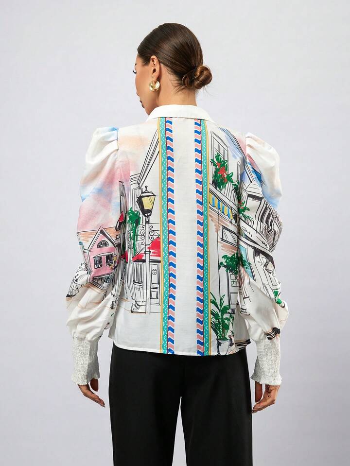 CM-TS810343 Women Casual Seoul Style Painting Print Button Down Long Sleeve Shirt