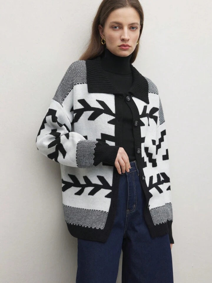 CM-CS360360 Women Casual Seoul Style Color Block Drop Shoulder Jacquard Knit Sweater