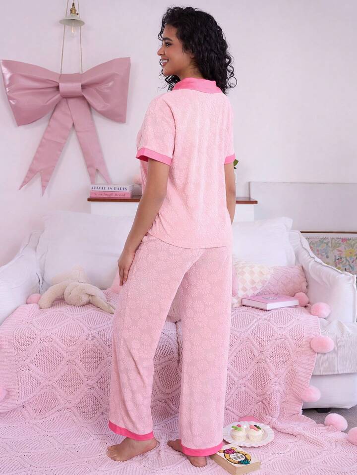 CM-LS048348 Women Trendy Seoul Style Floral Jacquard Knit Loose Pajama Set - Pink
