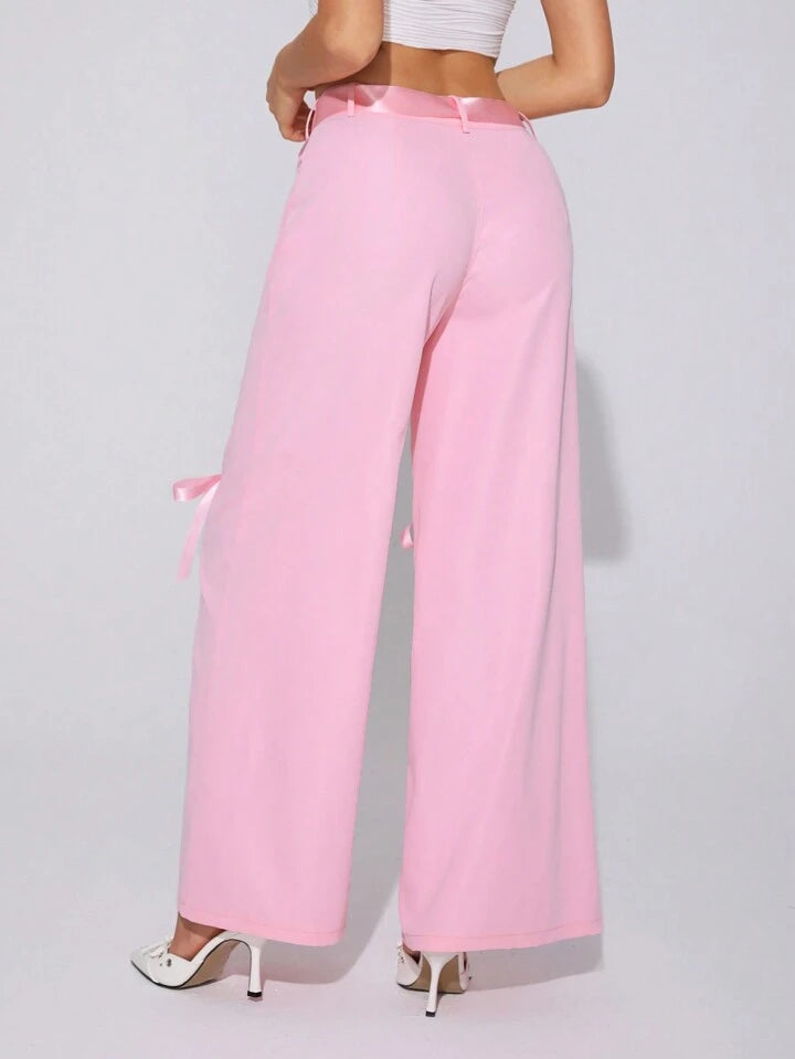 CM-BS621018 Women Casual Seoul Style Drop Waist Loose-Fitting Bow Belted Cargo Pants - Pink