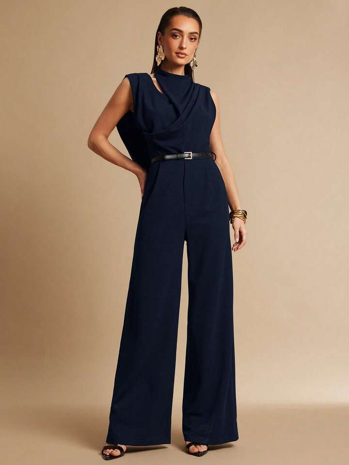 CM-JS658191 Women Elegant Seoul Style Stand Collar Sleeveless Pleated Backless Jumpsuit - Navy Blue