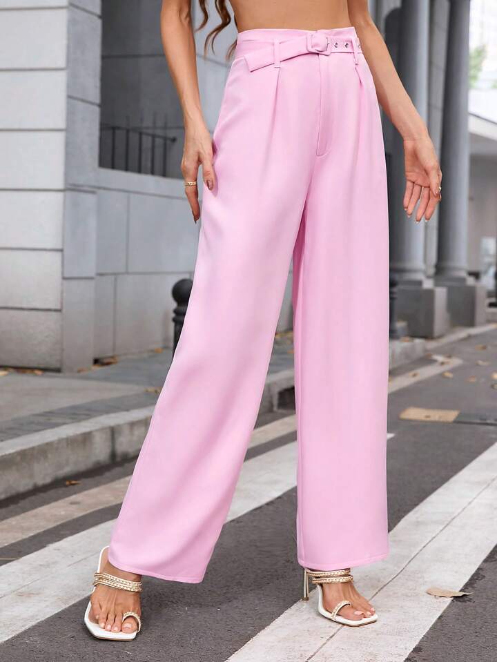 CM-BS864169 Women Casual Seoul Style Solid Color High Waist Belted Straight Leg Pants - Pink