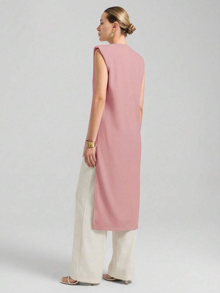 CM-TS641430 Women Casual Seoul Style Round Neck Wide Shoulder Sleeveless Asymmetric Hem Mid-Length Top - Pink