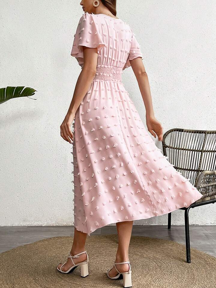 CM-DS224449 Women Casual Seoul Style Short Sleeve V-Neck Waist Gathered Dress - Pink