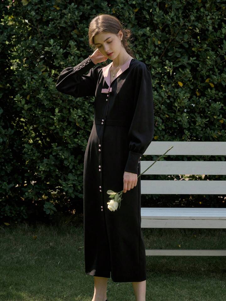 CM-DS223672 Women Retro Seoul Style Patchwork Bow Tie V-Neck Bodycon Long Dress - Black